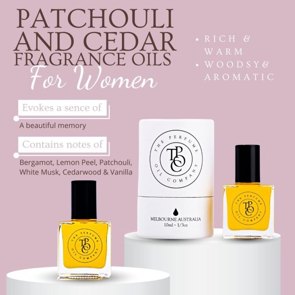 Patchouli And Cedar Womens 10ml Fragrance Oil Contains notes of Bergamot, Lemon Peel, Patchouli, White Musk, Cedarwood & Vanilla