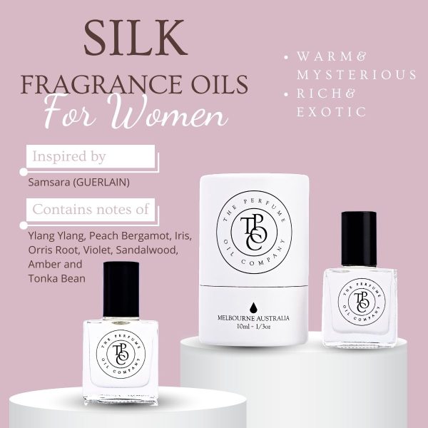 Silk Womens Fragrance Oil Contains notes of Ylang Ylang, Peach Bergamot, Iris, Orris Root, Violet, Sandalwood, Amber and Tonka Bean