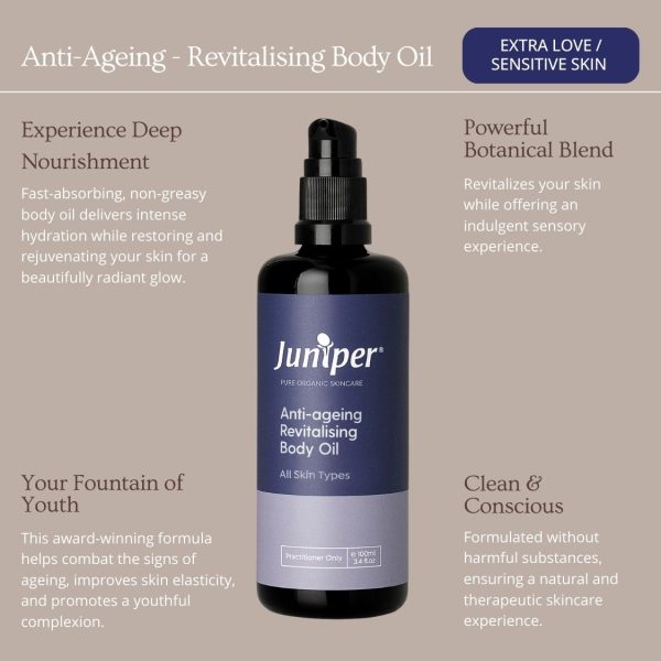 Juniper Anti-Ageing Revitalising Body Oil embodies hydration, revitalization, and a commitment to sustainable skincare.