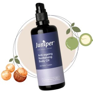 Juniper Anti-Ageing Revitalising Body Oil, featuring Macadamia oil; luxury and natural beauty, ideal for skincare indulgence.