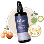 Award Winning Juniper Anti-Ageing Revitalising Body Oil, featuring Macadamia oil; luxury and natural beauty, ideal for skincare indulgence.