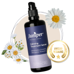 Award Winning Juniper Calming Treatment Serum in a sleek bottle, with chamomile, to soothe and nourish sensitive skin.