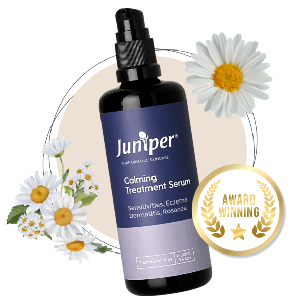 Award Winning Juniper Calming Treatment Serum in a sleek bottle, with chamomile, to soothe and nourish sensitive skin.