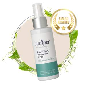Award Winning Juniper Oil Purifying Treatment Toner bottle, a refreshing facial mist for balanced, hydrated, and radiant skin.