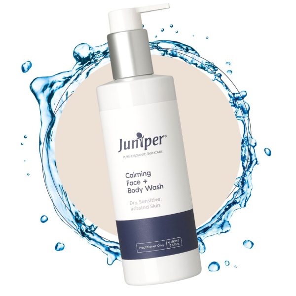 Juniper Calming Face & Body Wash featuring a stylish 250ml bottle soothes and hydrates sensitive skin.