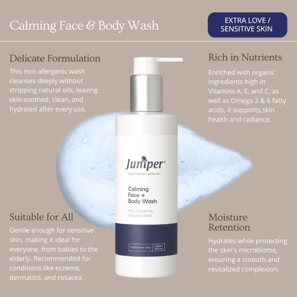 Juniper Calming Face & Body Wash in a sleek 250ml bottle, showcasing its soothing, nourishing, and gentle formulation suitable for all skin types, enriched with organic ingredients like Aloe Vera, Jojoba Oil, and Shea Nut Butter.