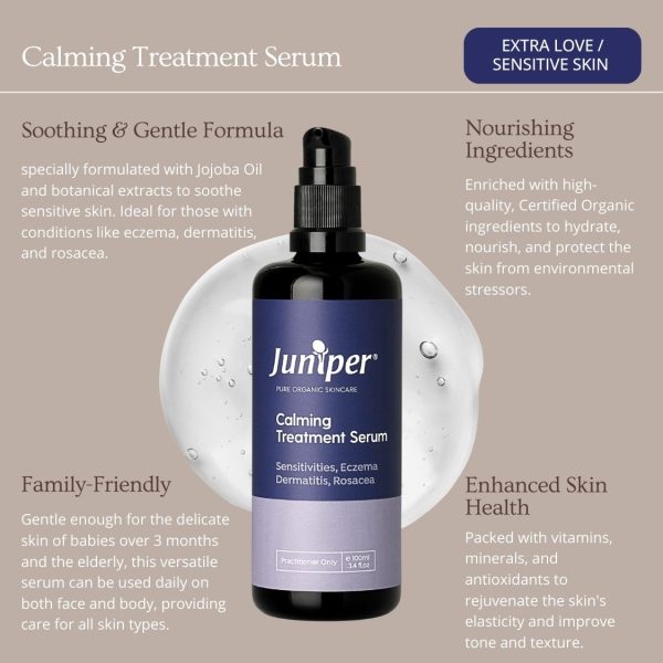 Juniper Calming Treatment Serum featuring natural ingredients like Jojoba Oil, Calendula, and Chamomile, soothes sensitive skin.