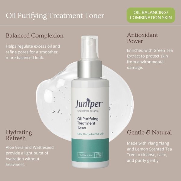 Juniper Oil Purifying Treatment Toner bottle with text highlighting benefits: balanced complexion, antioxidant protection, hydrating refresh, gentle and natural care for oily and combination skin.