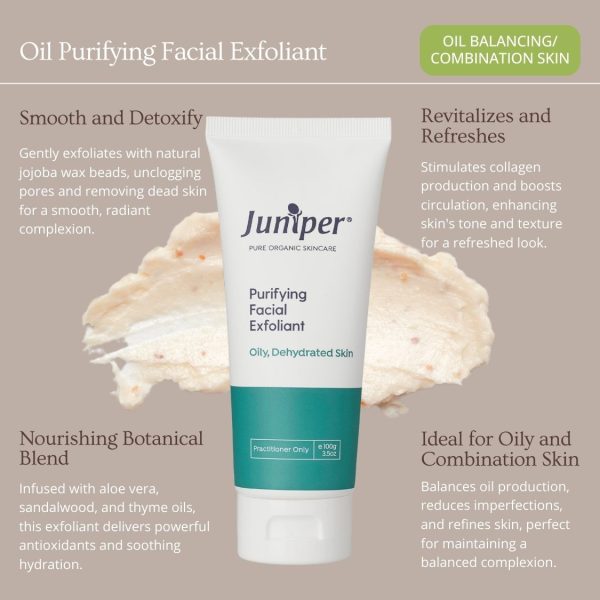 Juniper Purifying Facial Exfoliant with jojoba wax beads, aloe vera, and essential oils for a smooth, revitalized complexion, ideal for oily and combination skin.