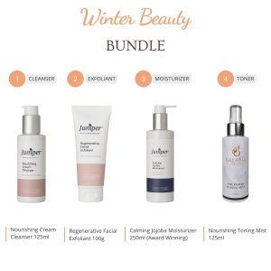 Winter Beauty Bundle includes -Nourishing Cream Cleanser  -Regenerative Facial Exfoliant  -Calming Jojoba Moisturiser  -Nourishing Toning Mist 