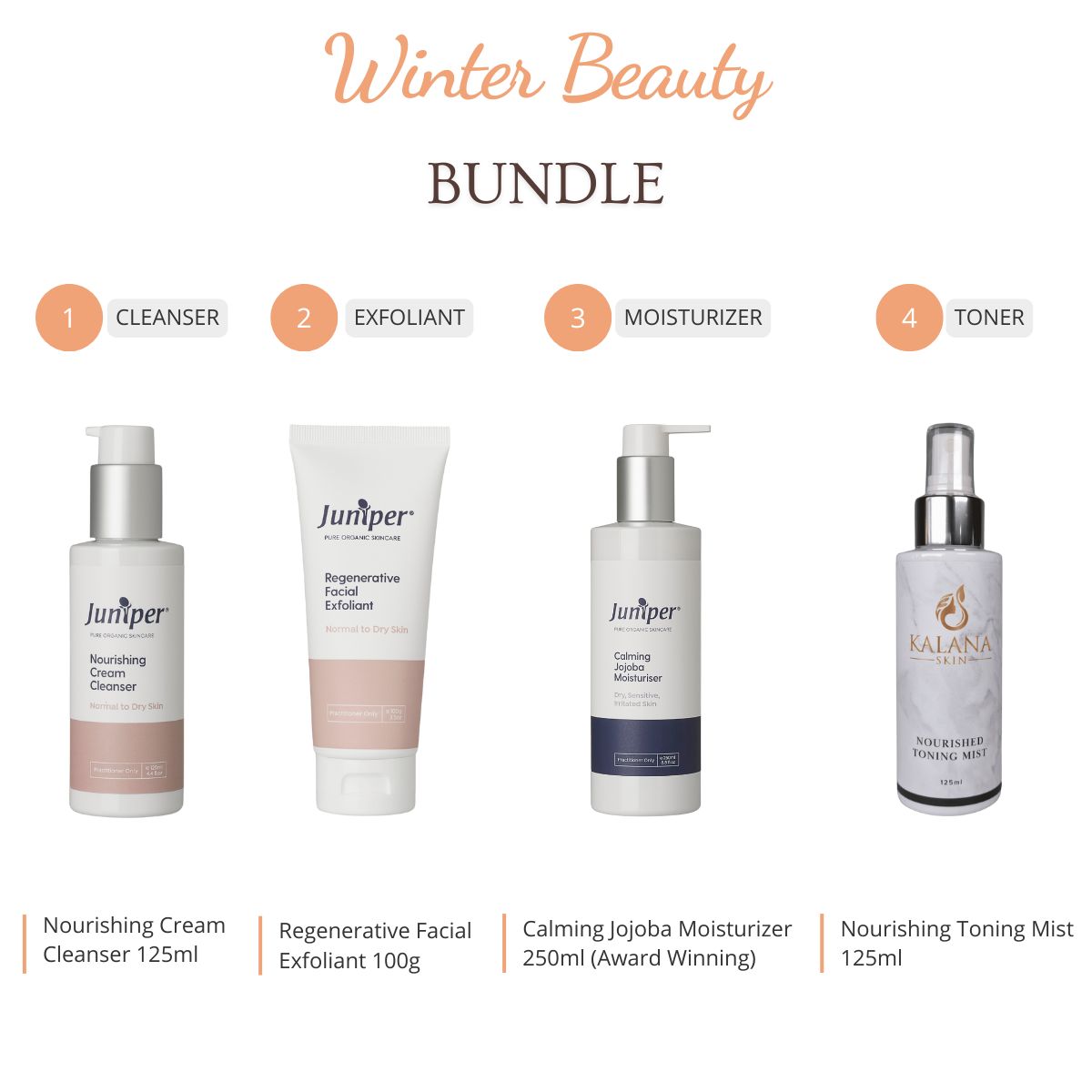 Winter Beauty Bundle includes -Nourishing Cream Cleanser  -Regenerative Facial Exfoliant  -Calming Jojoba Moisturiser  -Nourishing Toning Mist 